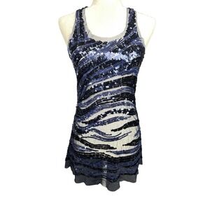 MANDEE Women's Sequined Sheer Mesh Tank Top Tunic Blue L Y2K Club Edgy